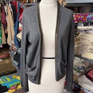 Aqua Gray Open-Front Cardigan with Metallic Trim